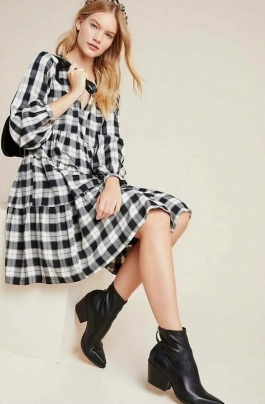 Maeve Anthropologie Amber Black White Plaid Tiered Mini Dress Small Petite